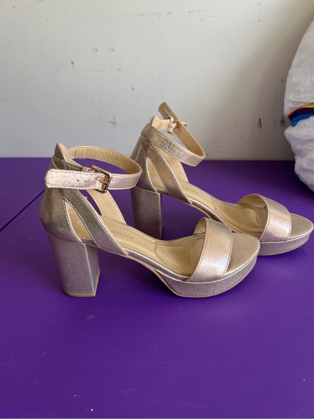 Women's Metallic Gold Platform Block Heel Sandals with Ankle Strap